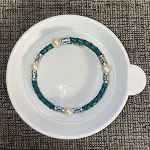 Teal Leather Braided Bracelet with Pearls and Silver Details